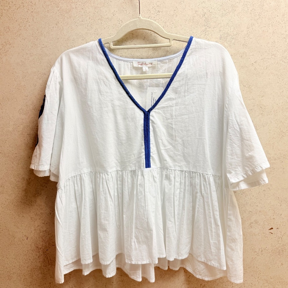 Solitaire Large Womens White Cotton Boho Babydoll Peplum Embroidered Peasant Top